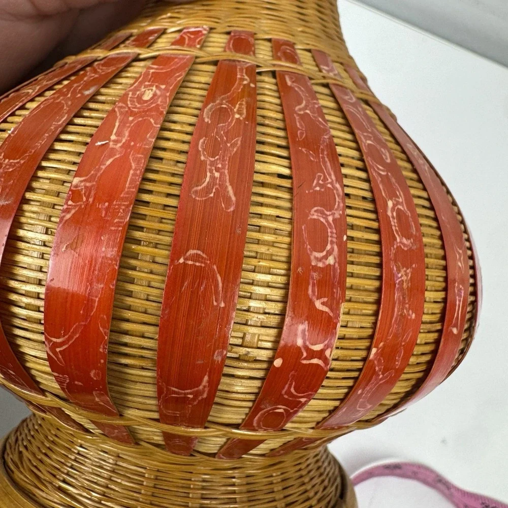 Vtg Wicker Rattan Vase Red Bamboo Inlay Boho Tropical Tiki Decor